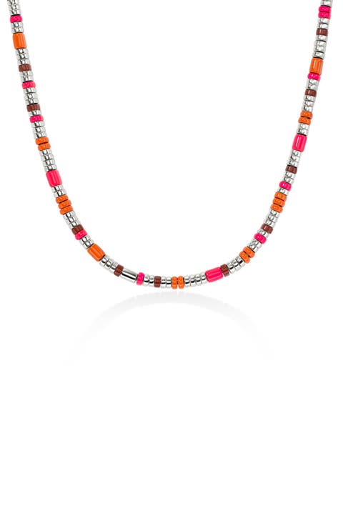 Colorblock Silver 5mm Necklace with Red Jasper with Neon Pink Enamel & Orange Enamel