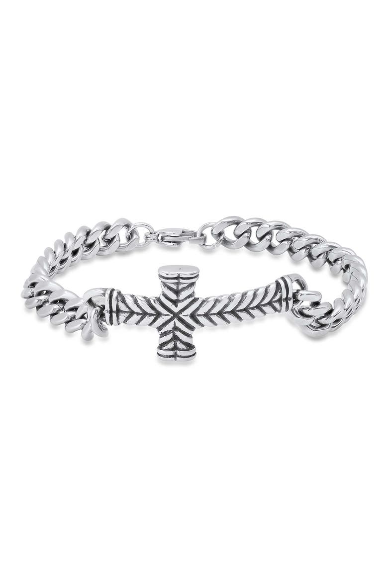 Men's Stainless Steel Cuban Chain Cross Bracelet, Main, color, SILVER
