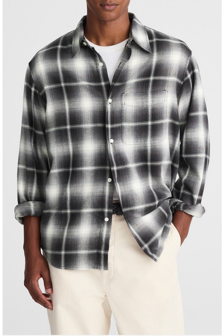 Plaid Flannel Button-Up Shirt, Main, color, FADE PLAID ALMOST BLACK