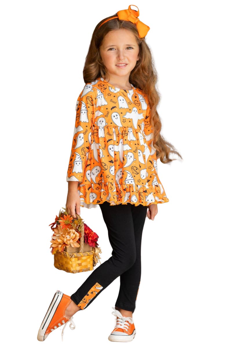 Mia Belle Girls Fun-tastic Flying Ghosts Halloween Legging Set, Main, color, Orange