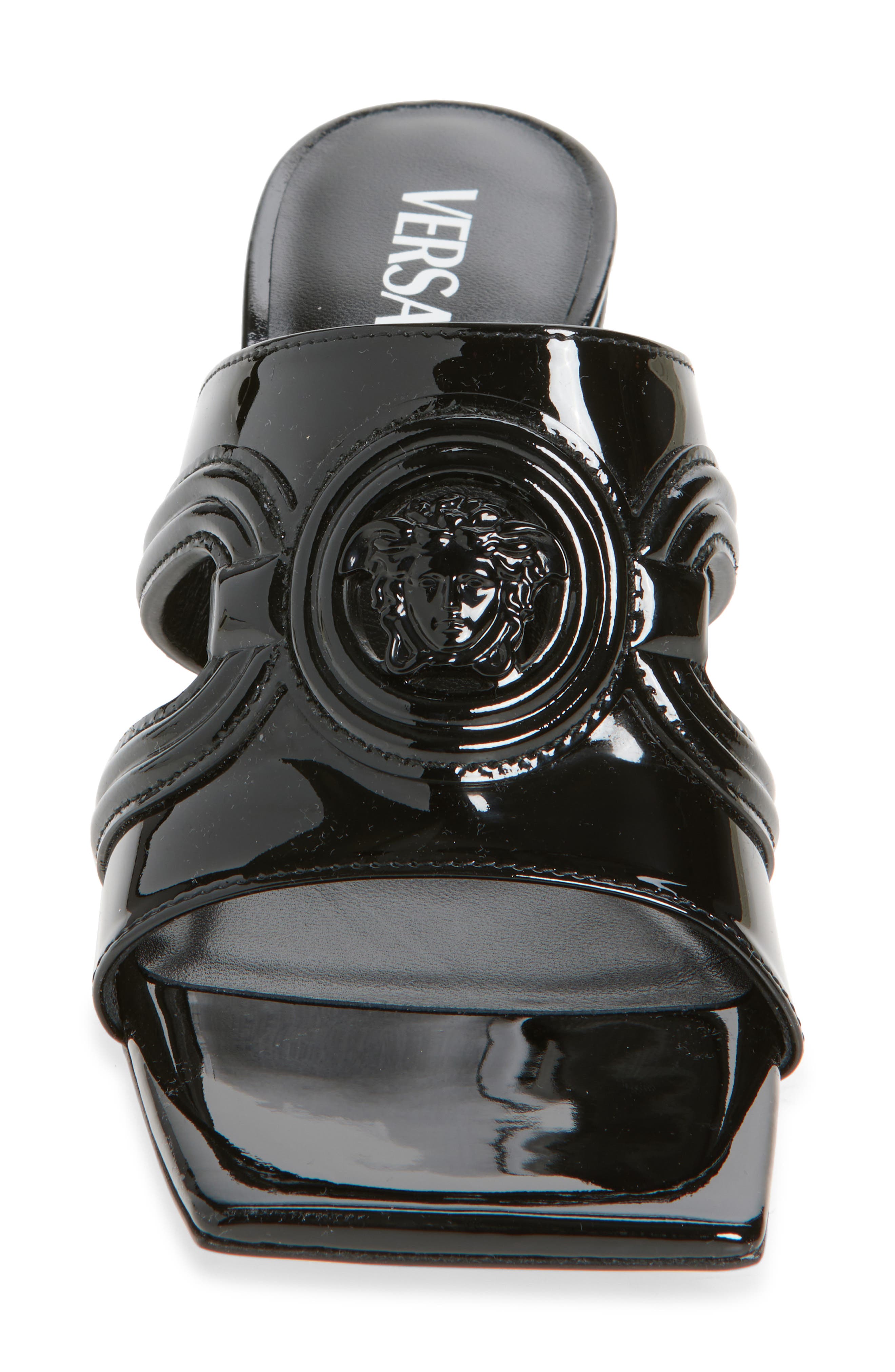 Versace Medusa 95 Square Toe Sandal, Alternate, color, Black Versace Gold