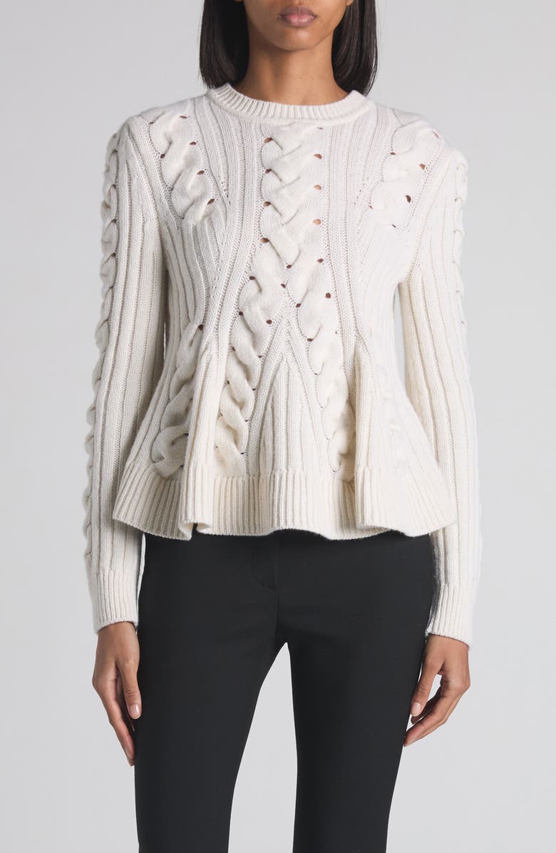 McQueen Cable Knit Peplum Sweater, Main, color, Ivory