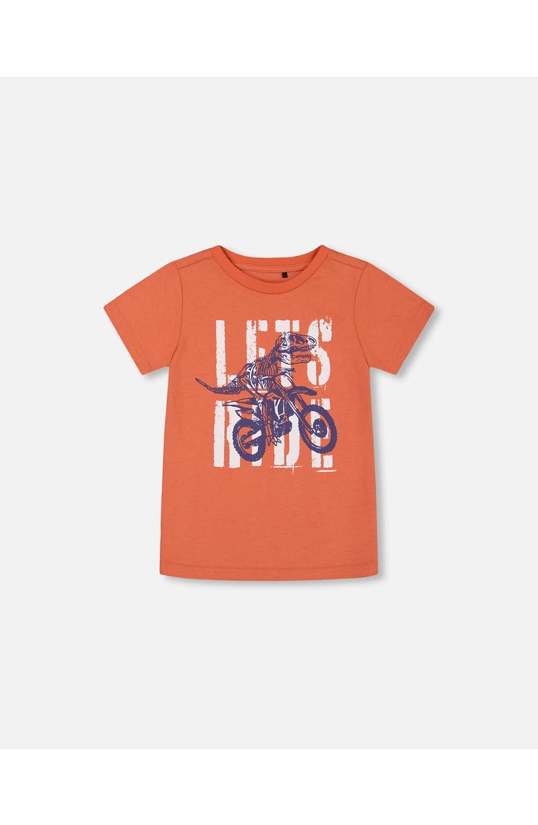 Deux par Deux Boy's Organic Cotton Graphic Tee Orange And Navy Dino, Main, color, 