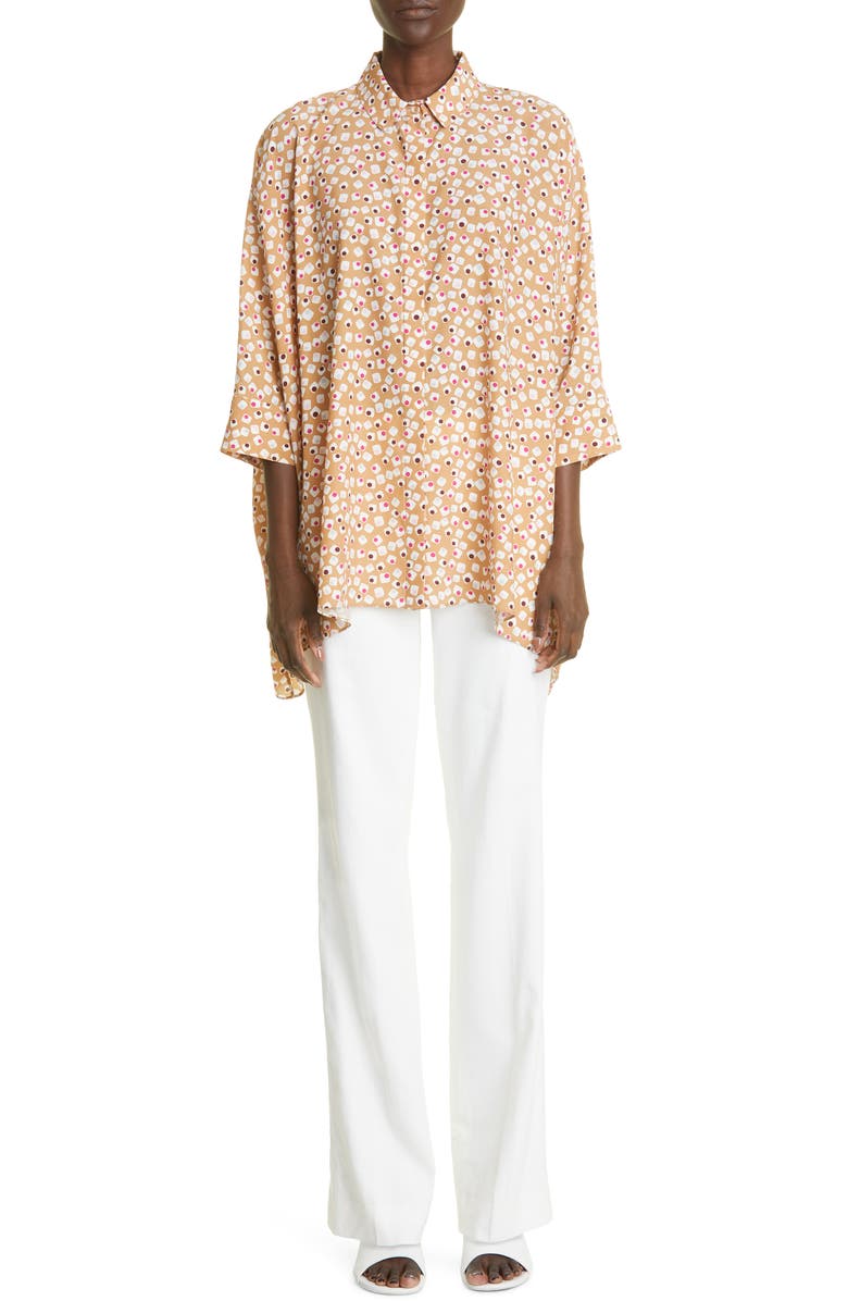 St. John Collection Handkerchief Hem Silk Blend Button-Up Shirt, Alternate, color,