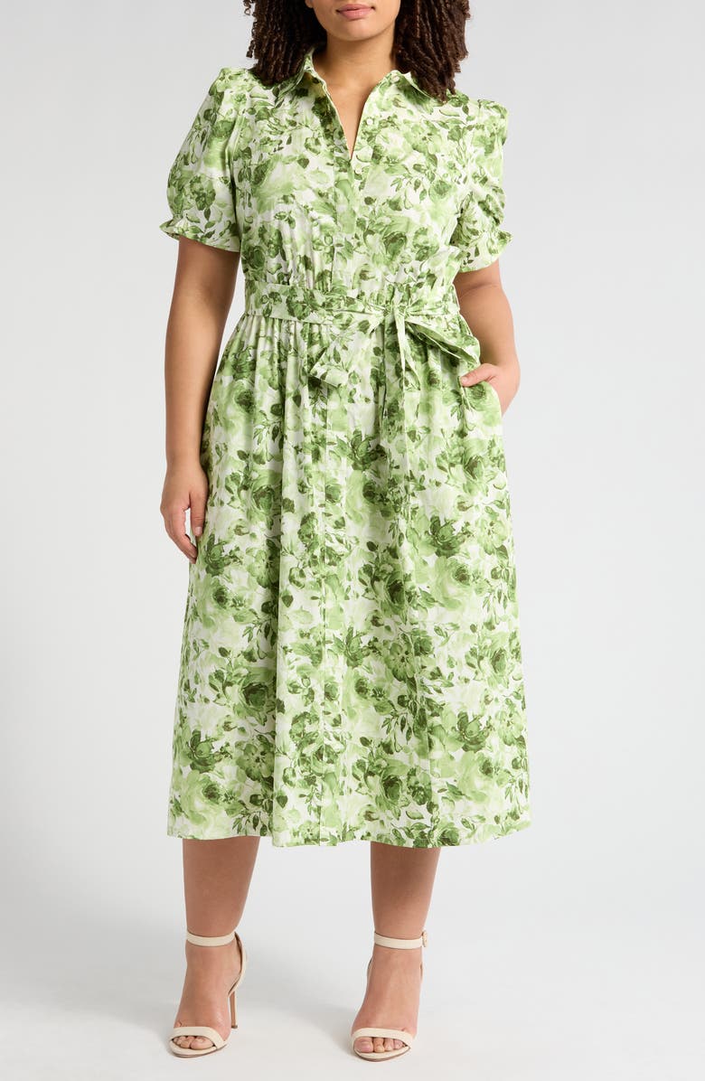 Anne Klein Floral Puff Sleeve Cotton Shirtdress, Main, color, 