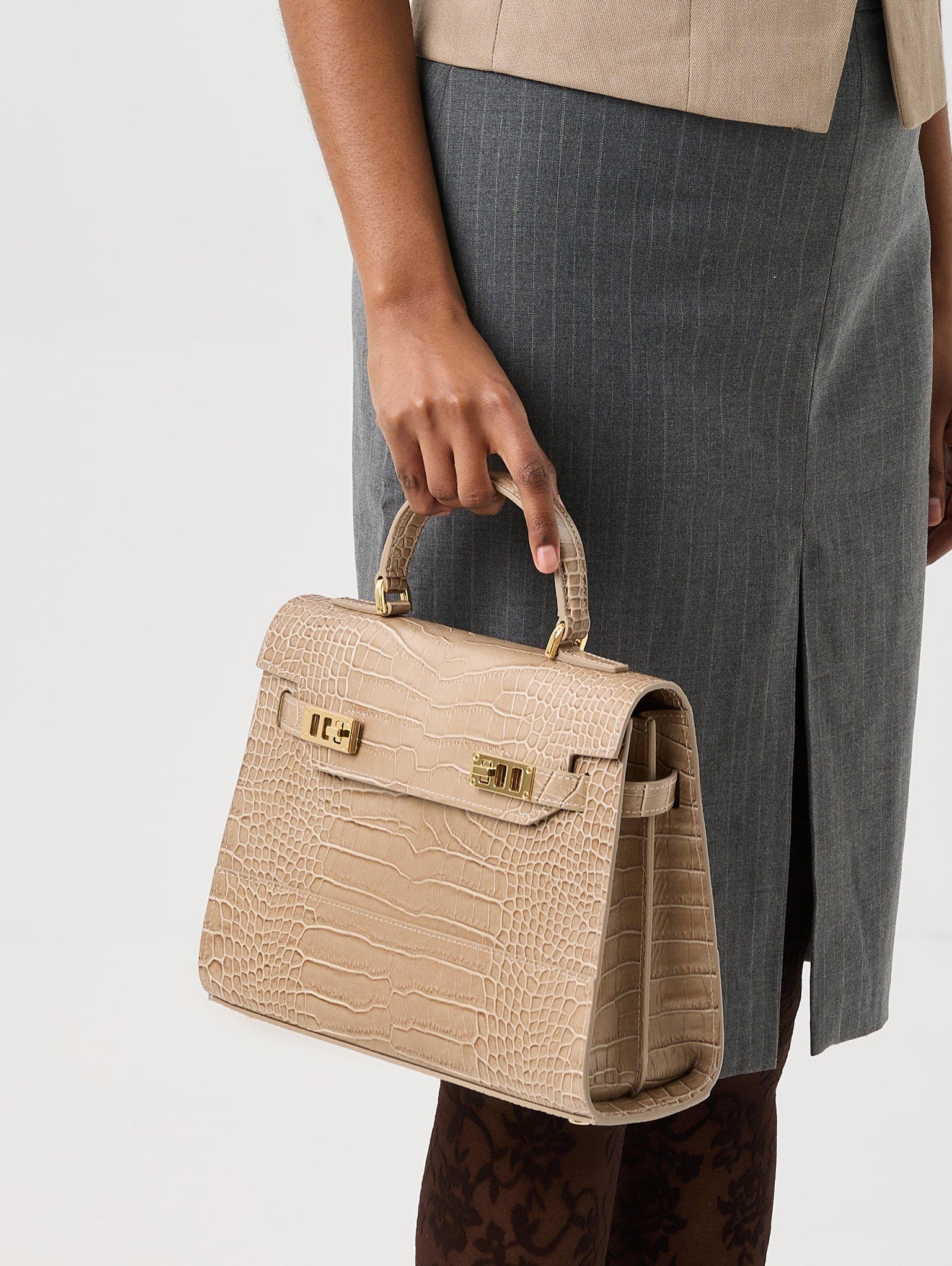 Kim Croco 11" Embossed Leather Top Handle Bag, Alternate, color, Light Beige