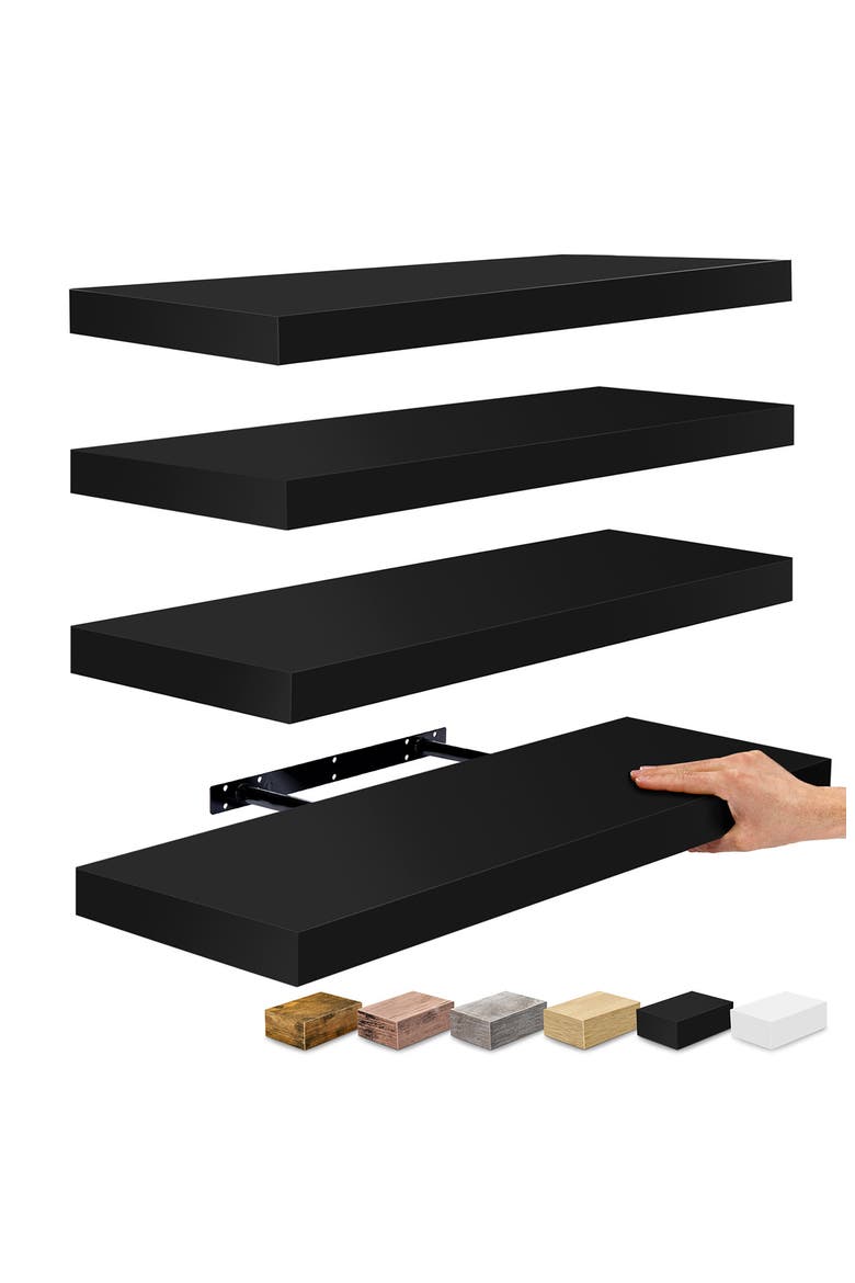 24" x 9" Set of 4 Floating Wall Shelves, Main, color, BLACK