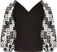 Anne Fontaine Women's Mirella Black V-Neck Top With Sheer Mesh Sleeves