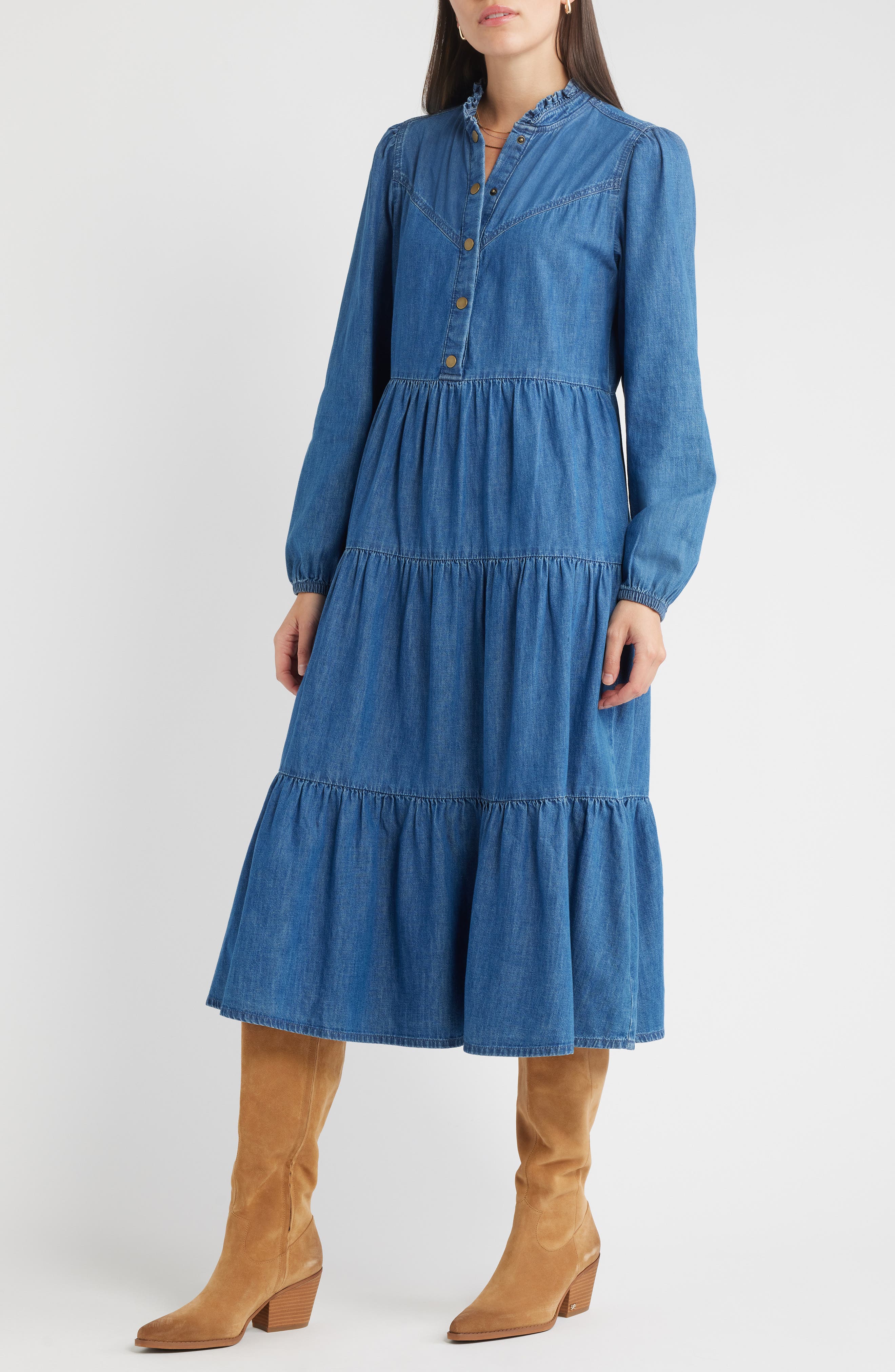 Treasure & Bond Long Sleeve Tiered Cotton Chambray Maxi Dress