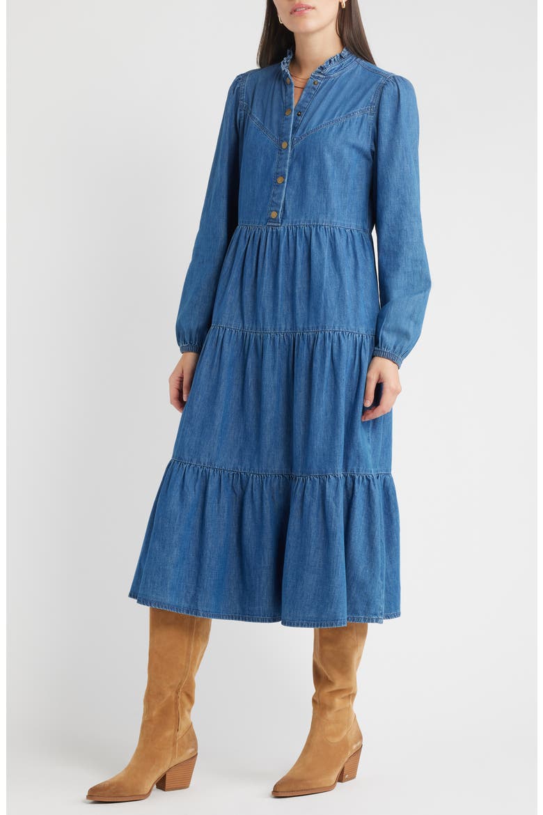 Long Sleeve Tiered Cotton Chambray Maxi Dress, Main, color, MEDIUM WASH