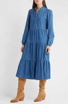 Treasure & Bond Long Sleeve Tiered Cotton Chambray Maxi Dress