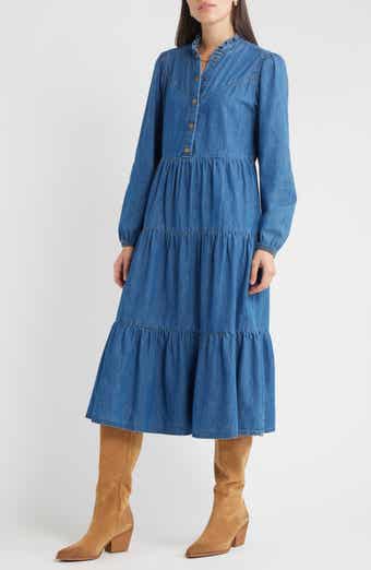 Treasure & Bond Long Sleeve Tiered Cotton Chambray Maxi Dress