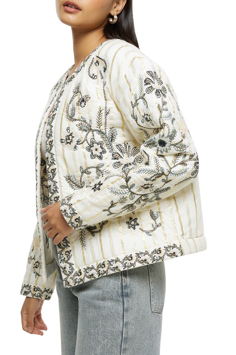 Floral Embroidered Metallic Stripe Jacket, Alternate, color, CREAM