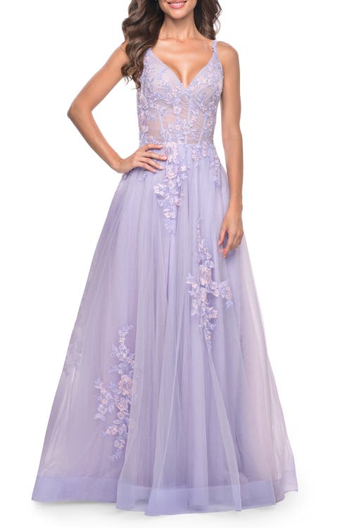 La Femme A-line Tulle Prom Dress With Scattered Lace Applique In Lavender