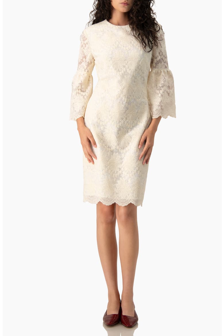Floral Lace 3/4 Bell-Sleeve Crew-Neck Shift Mini Dress, Alternate, color, Bone