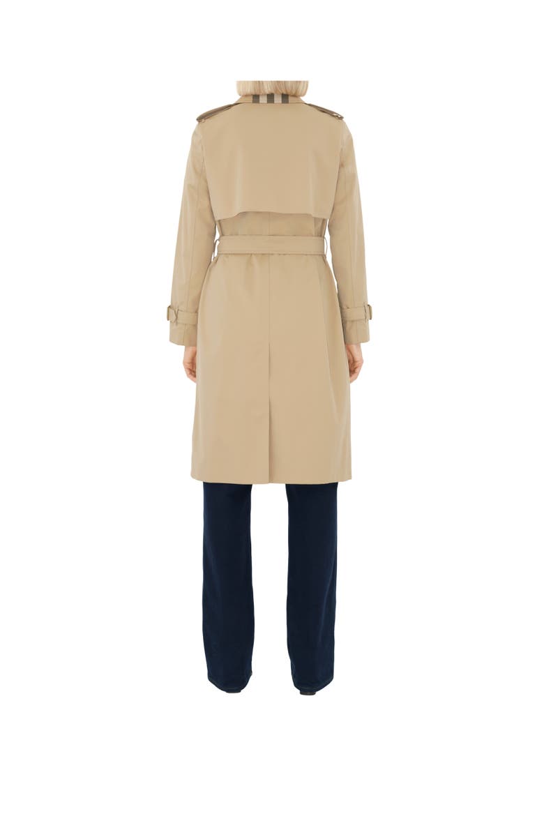 Long Check Collar Gabardine Trench Coat, Alternate, color, Honey beige