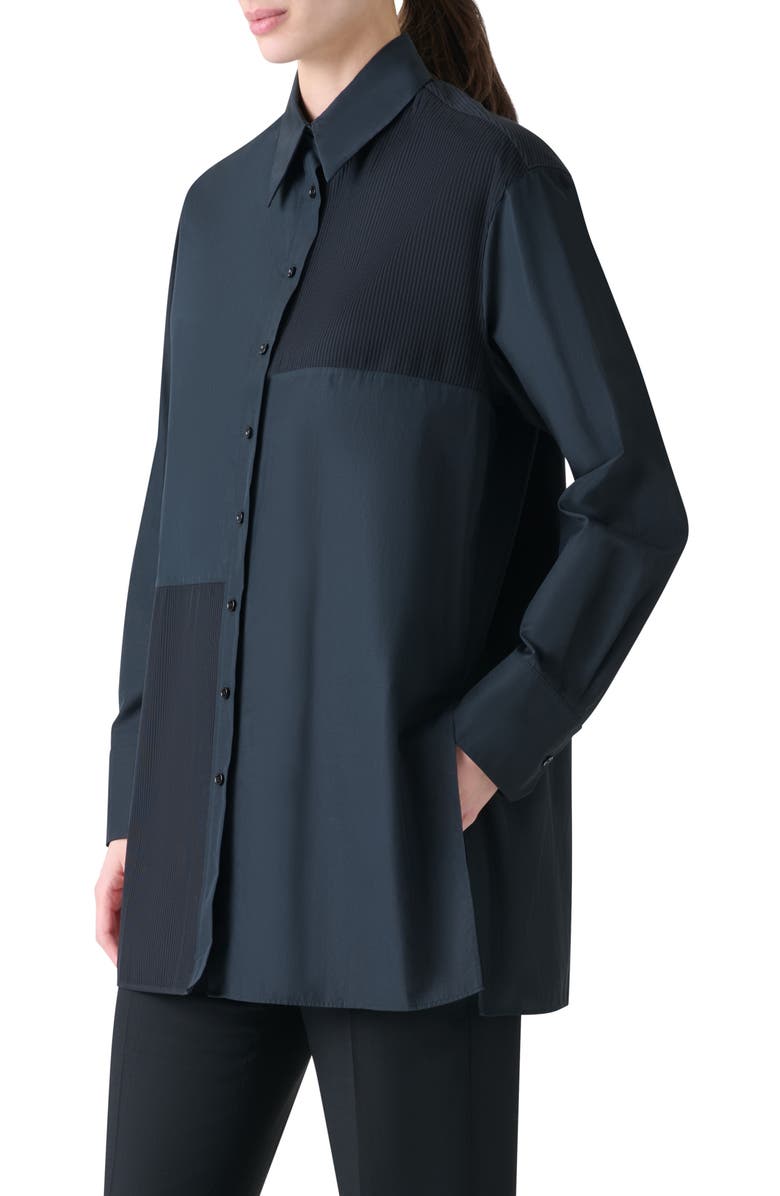 Akris Pleat Detail Button-Up Shirt, Alternate, color, Black