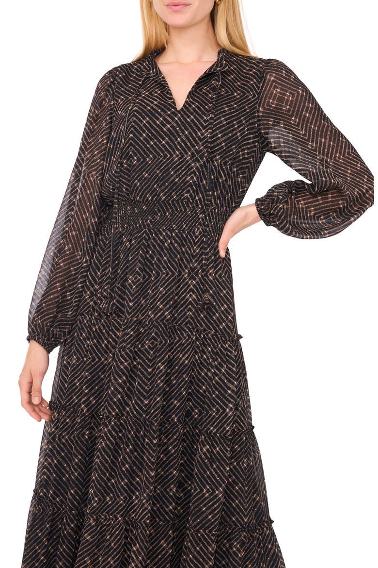 Metallic Chevron Tiered Long Sleeve Maxi Dress, Alternate, color, RICH BLACK
