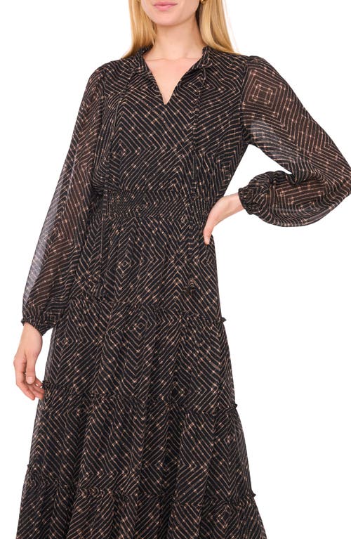 1.state Metallic Chevron Tiered Long Sleeve Maxi Dress In Black