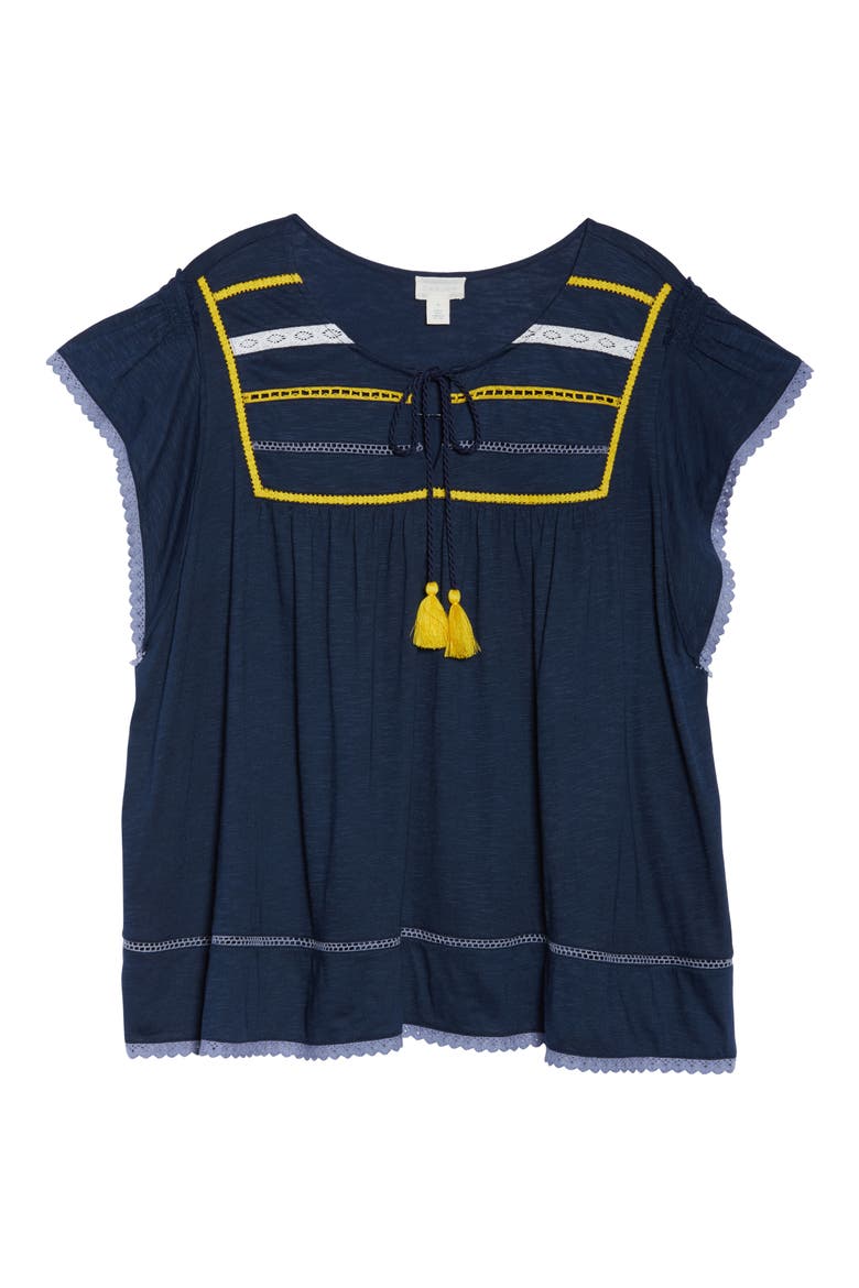 Lace Inset Boho Tee, Alternate, color, NAVY- YELLOW ABRIL PATTERN