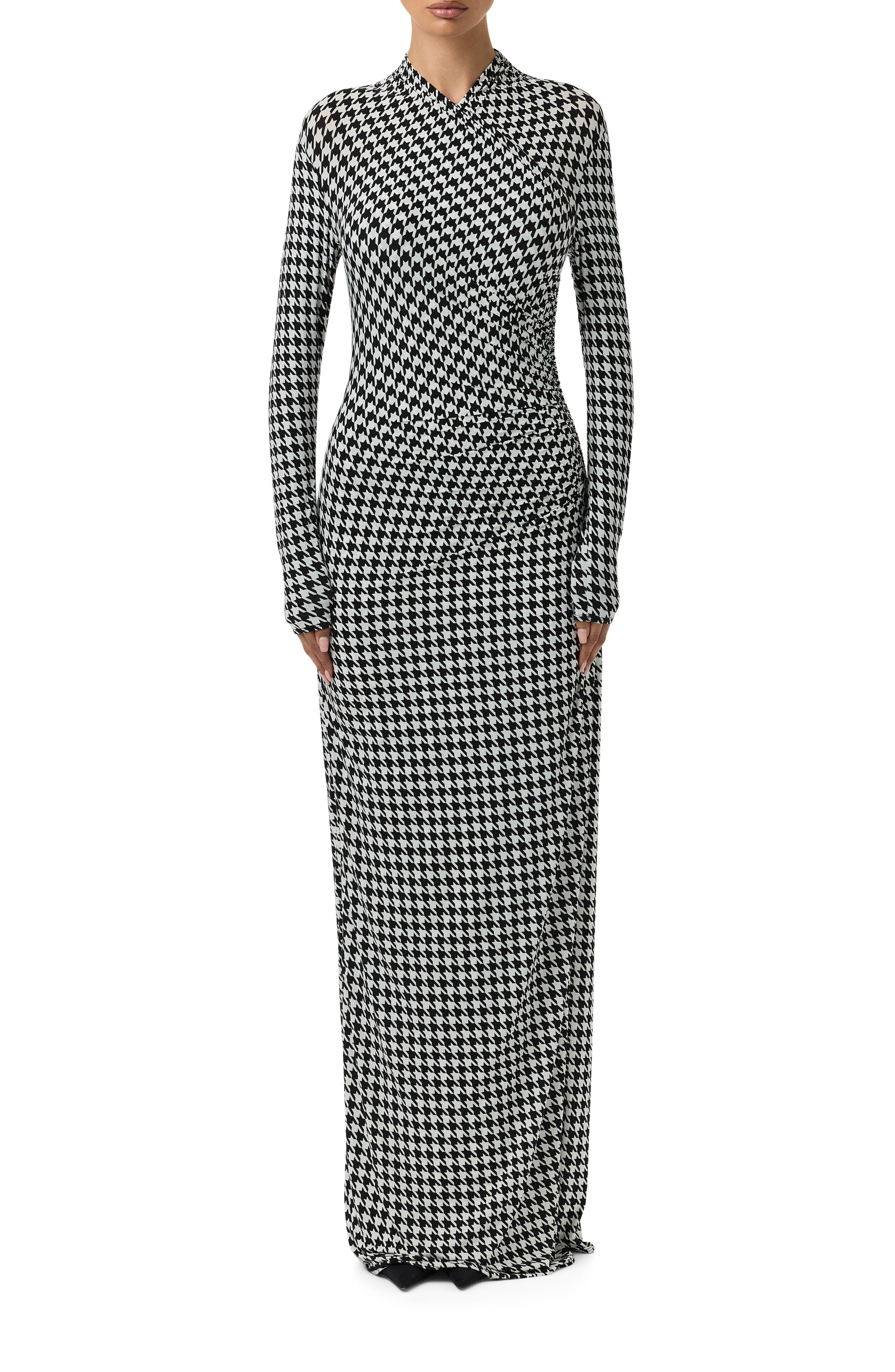 Naked Wardrobe Houndstooth Overlap Neck Long Sleeve Maxi Dress
