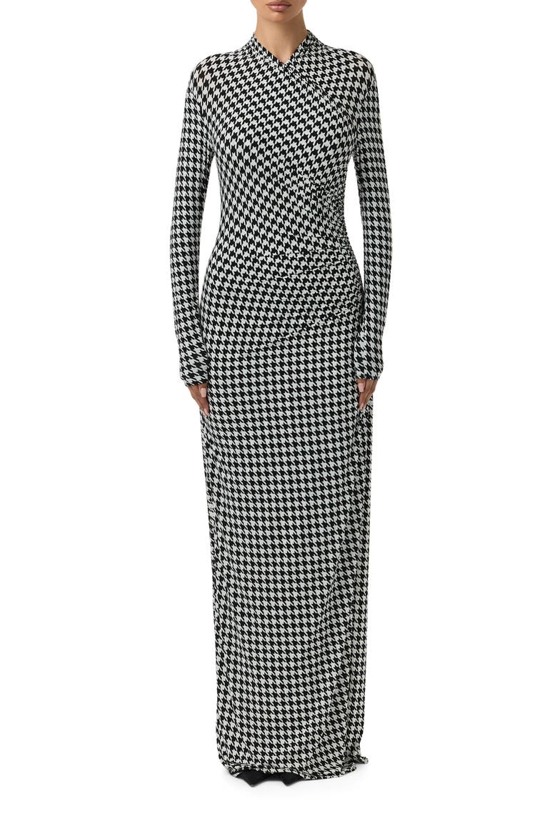 Houndstooth Overlap Neck Long Sleeve Maxi Dress, Main, color, HOUNDSTOOTH BLACK/ WHITE