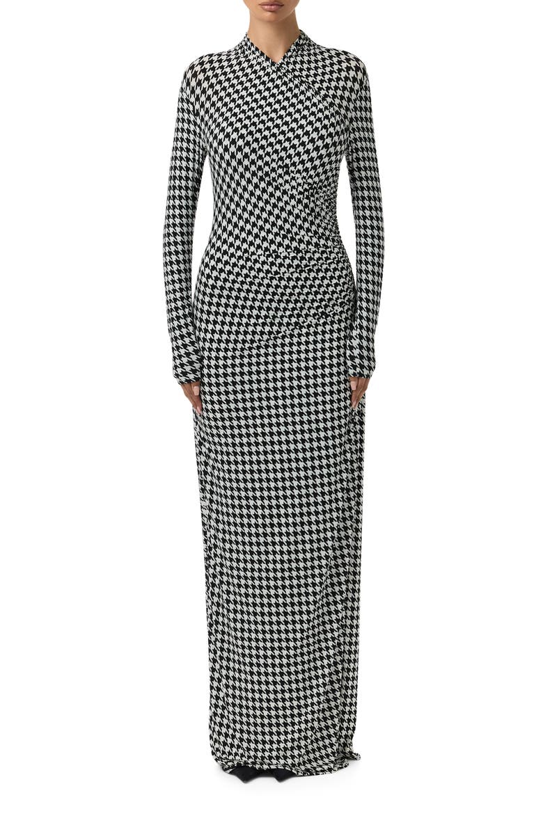 Naked Wardrobe Houndstooth Overlap Neck Long Sleeve Maxi Dress, Main, color, Houndstooth Black/ White