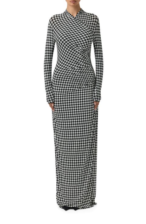Houndstooth Overlap Neck Long Sleeve Maxi Dress