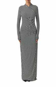 Naked Wardrobe Houndstooth Overlap Neck Long Sleeve Maxi Dress