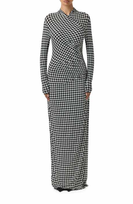 Naked Wardrobe Houndstooth Overlap Neck Long Sleeve Maxi Dress