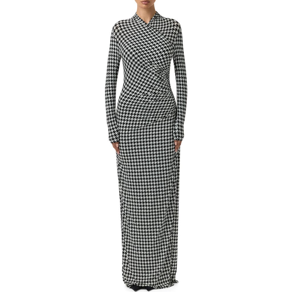 Naked Wardrobe Houndstooth Overlap Neck Long Sleeve Maxi Dress In Gray