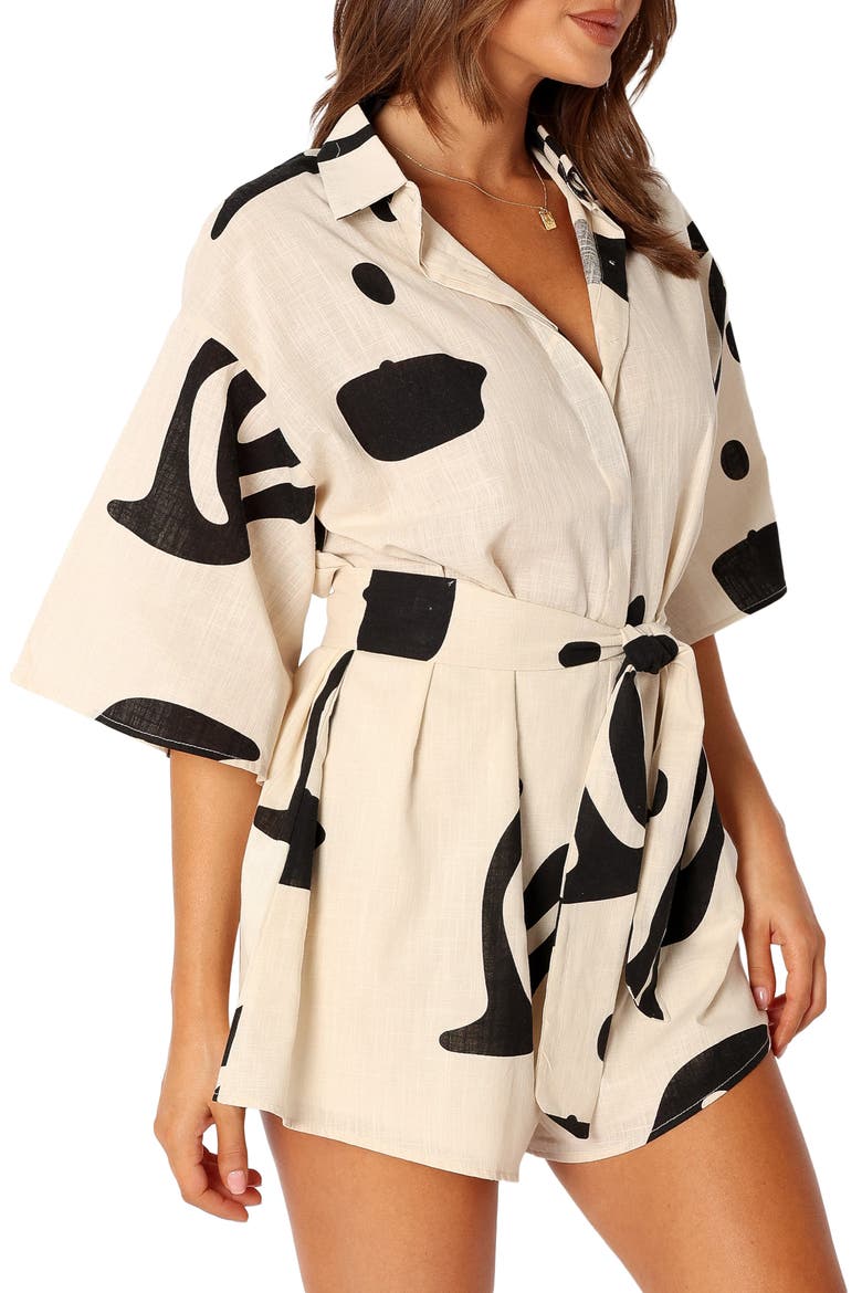 Kellie Abstract Print Cotton Romper, Alternate, color, BEIGE BLACK