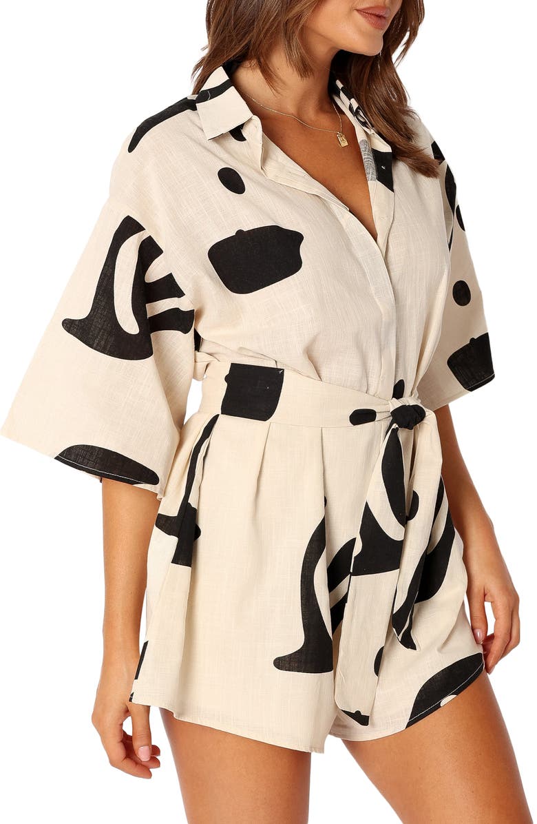 Petal & Pup Kellie Abstract Print Cotton Romper, Alternate, color, Beige Black