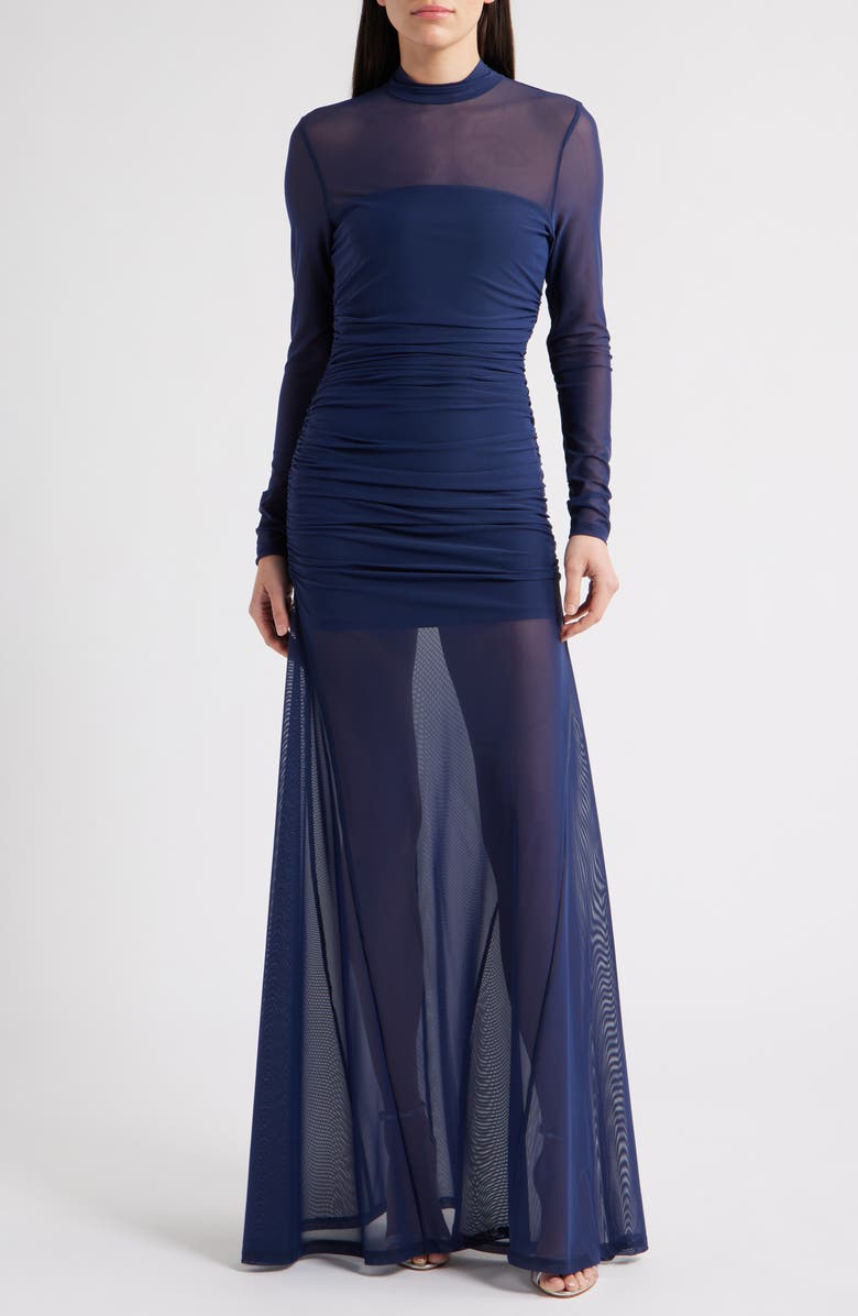 Black Halo Elvira Long Sleeve Gathered Mesh Evening Gown, Main, color, Comet Blue