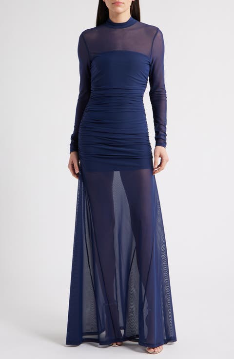 Elvira Long Sleeve Gathered Mesh Evening Gown