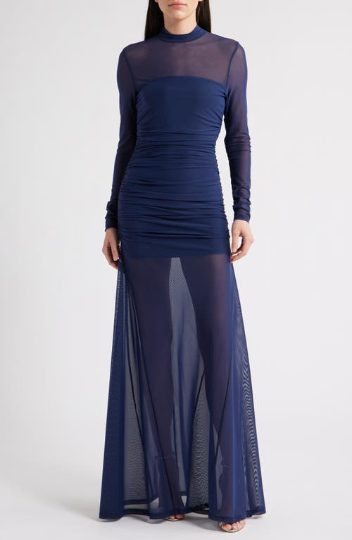 Black Halo Elvira Long Sleeve Gathered Mesh Evening Gown In Blue