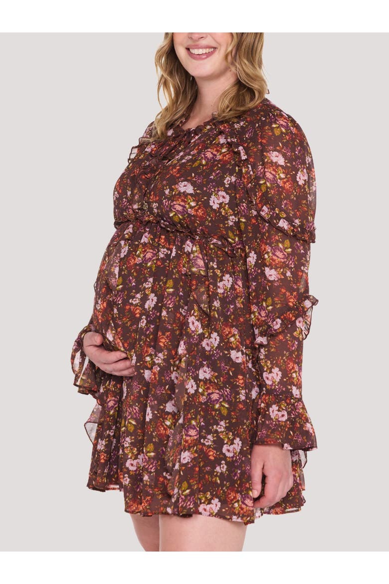Long Sleeve Ruffle Mini Dress, Alternate, color, Brown Floral