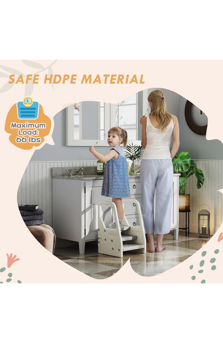 Qaba 3-Step Kids Kitchen Stool Helper, Handles, Non-slip Surface, Foot Pads, Alternate, color, Gray