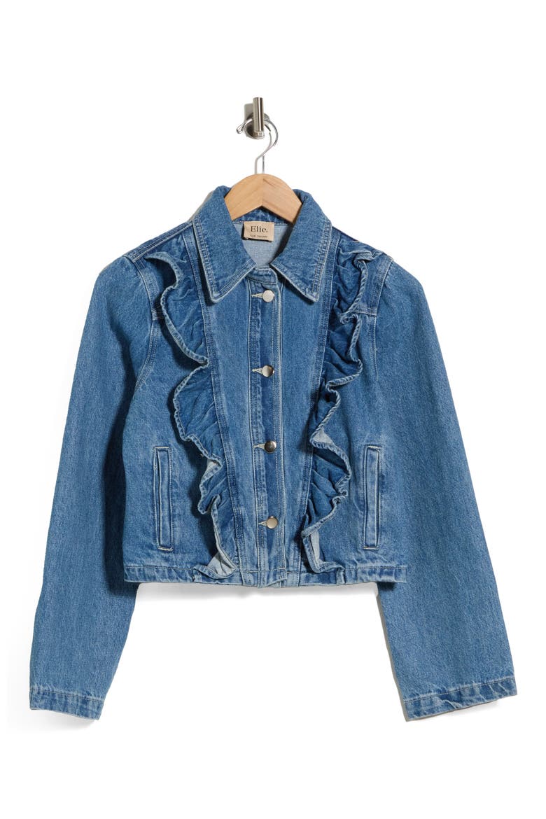 Ruffle Denim Jacket, Main, color, MEDIUM WASH