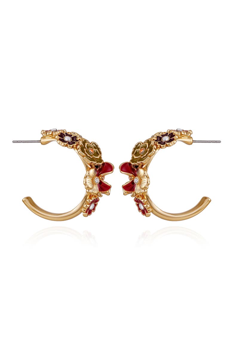 Crystal Enamel Flower Hoop Earrings, Alternate, color, GOLD TONE