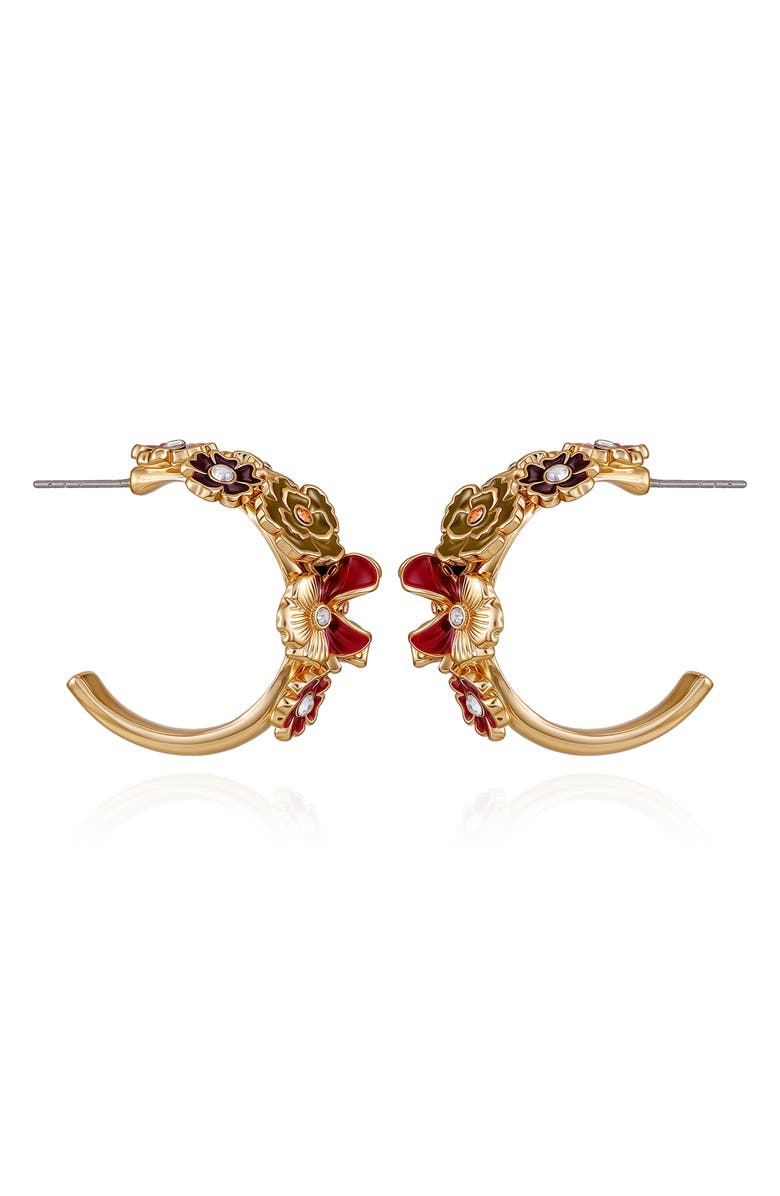 GUESS Crystal Enamel Flower Hoop Earrings, Alternate, color, Gold Tone