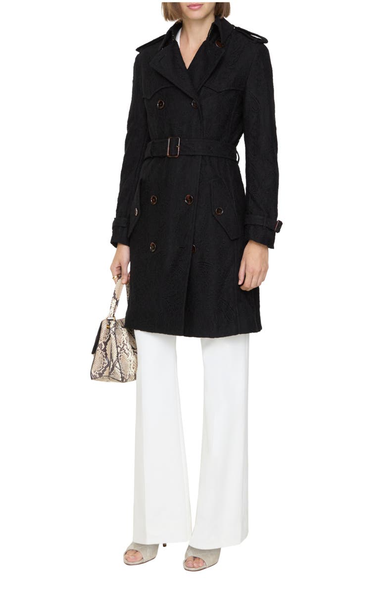 Burberry Mid-length Paisley Lace Foxfield Trench Coat, Main, color, Black