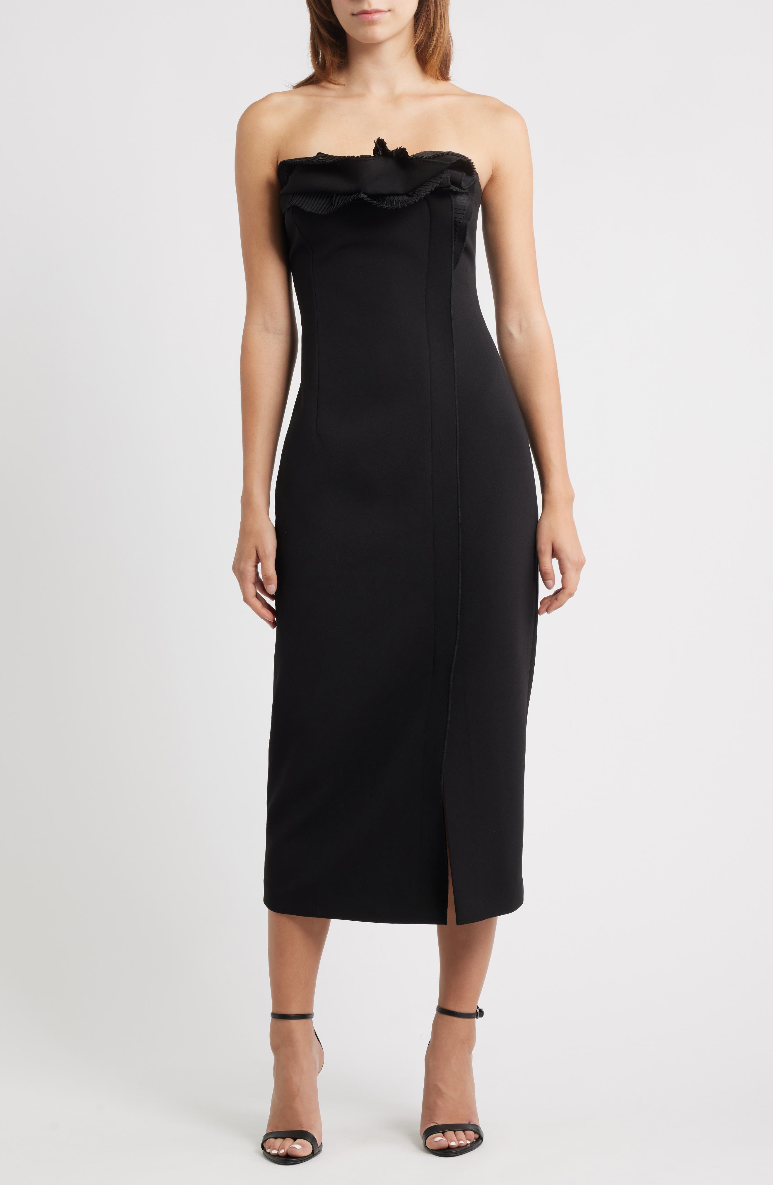 Pleated Ruffle Detail Strapless Cocktail Sheath Dress
