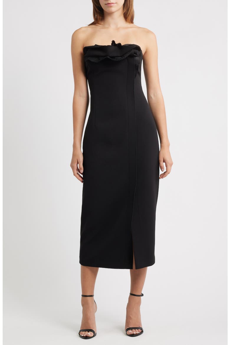 Pleated Ruffle Detail Strapless Cocktail Sheath Dress, Main, color, BLACK