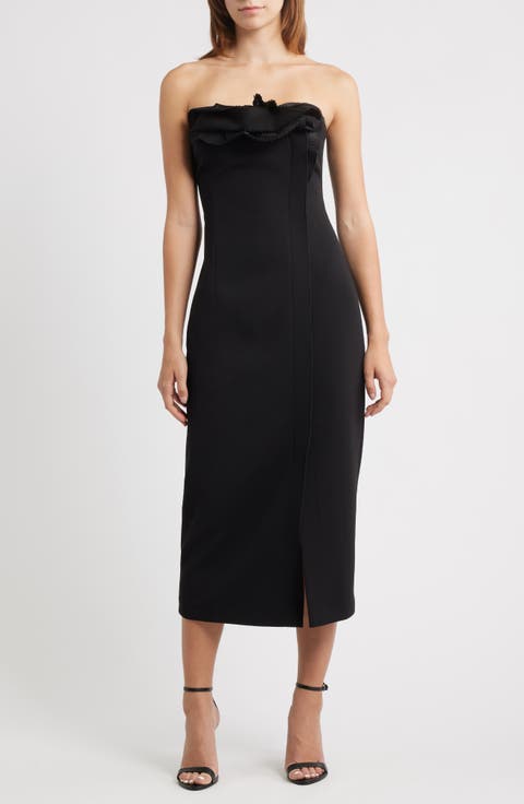 Pleated Ruffle Detail Strapless Cocktail Sheath Dress