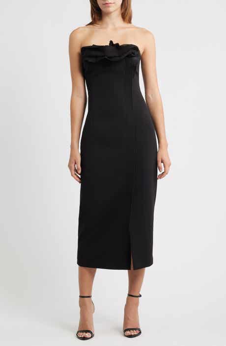Pleated Ruffle Detail Strapless Cocktail Sheath Dress