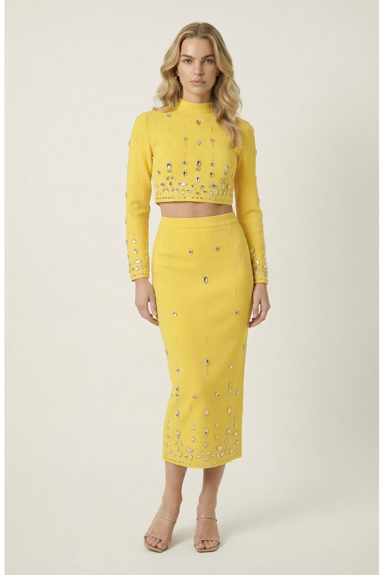 Embellished Crop Top and Midi Skirt Set, Main, color, Yellow
