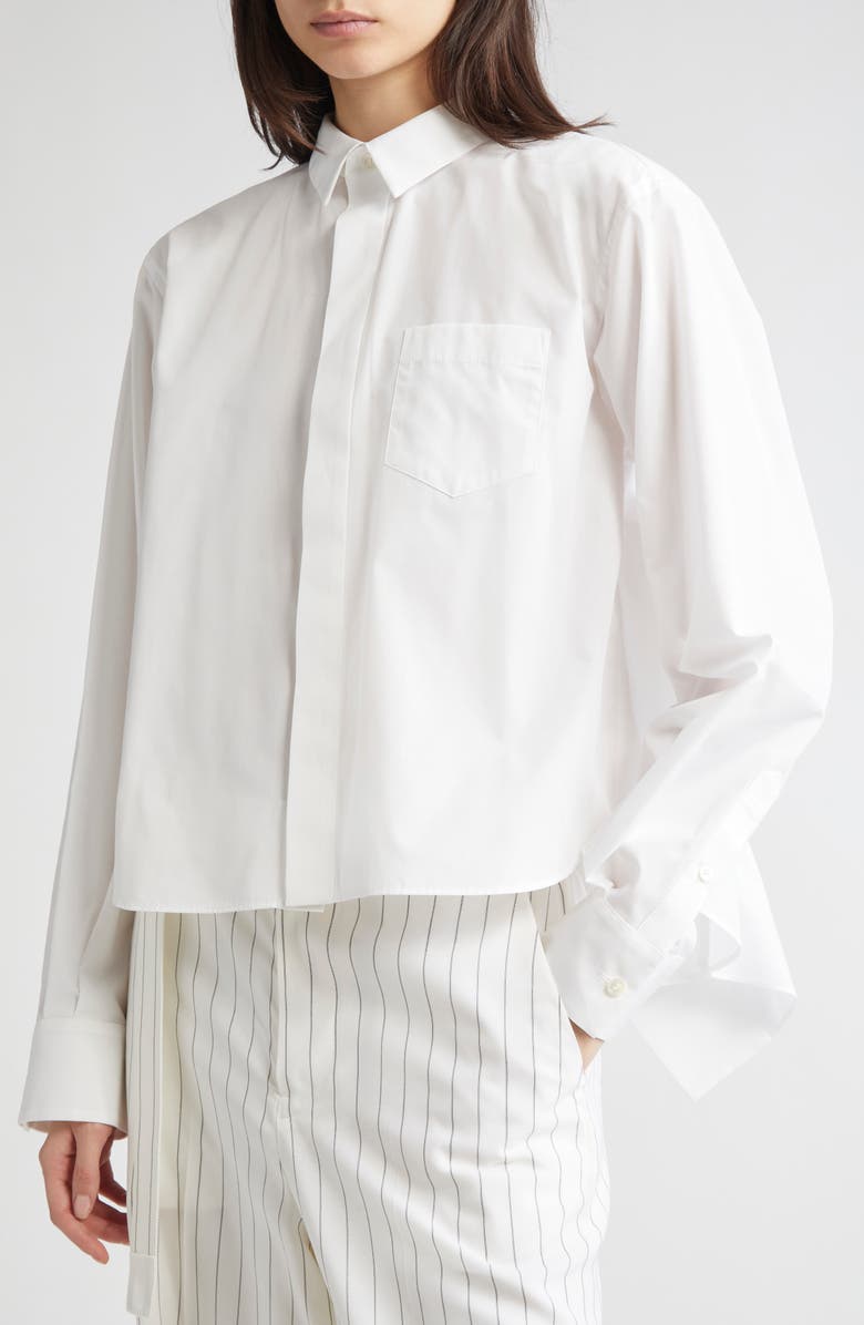 Sacai Ruffle Poplin Button-Up Shirt, Alternate, color,