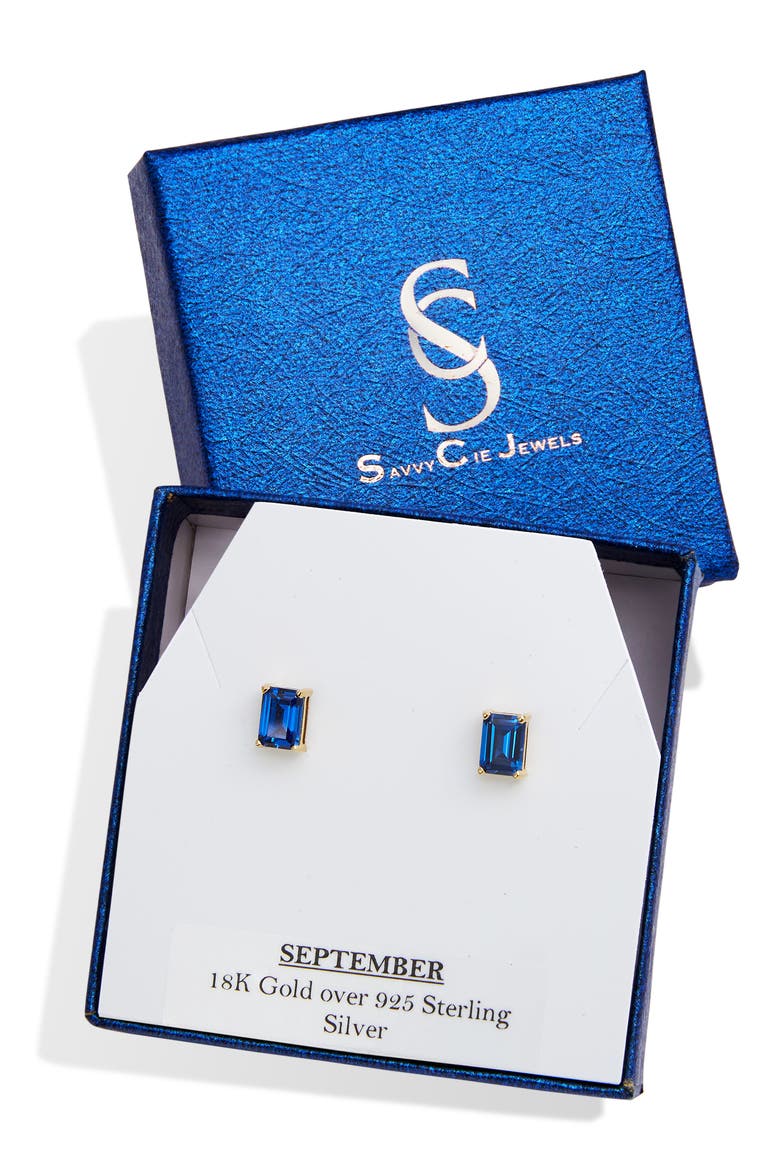 Vermeil Sterling Silver Emerald Cut CZ Box Stud Earrings, Alternate, color, SAPPHIRE - SEPTEMBER