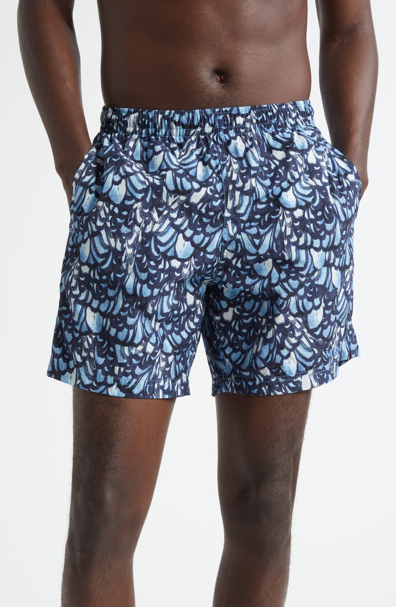 McQueen Feather Print Swim Trunks, Main, color, Navy/ Sky Blue